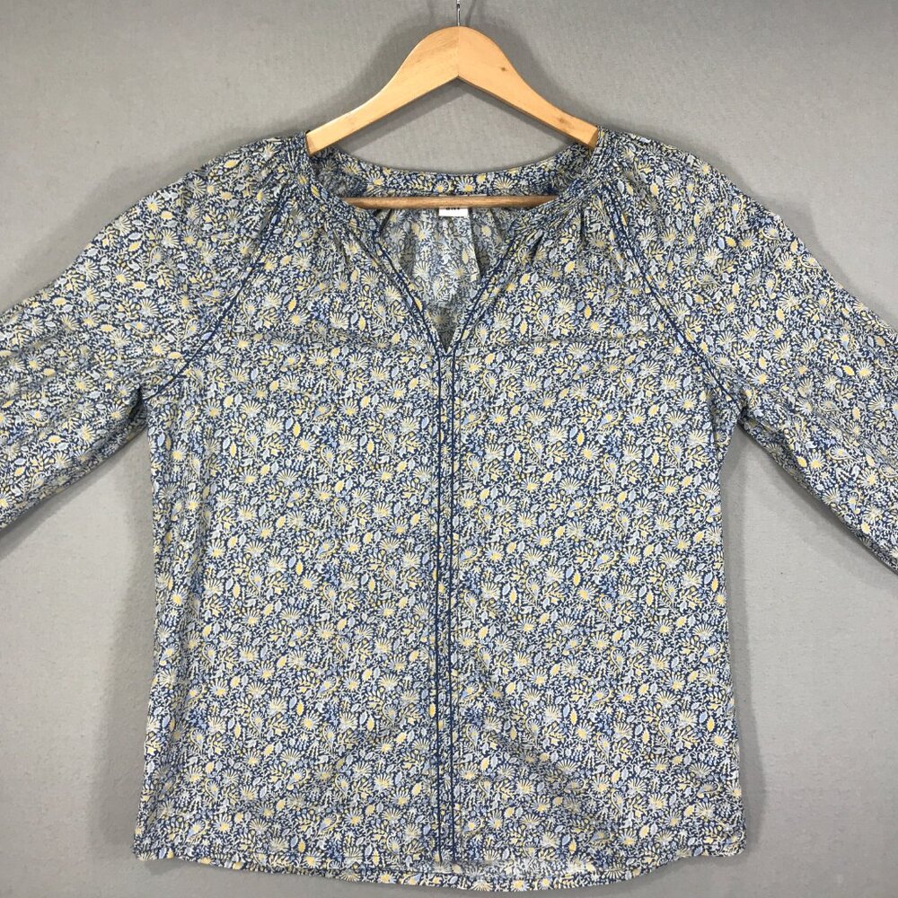 Gap Blouse Women Small Tall Blue Yellow Pullover Top V-Neck Boho Peasant Balloon - Picture 8 of 13